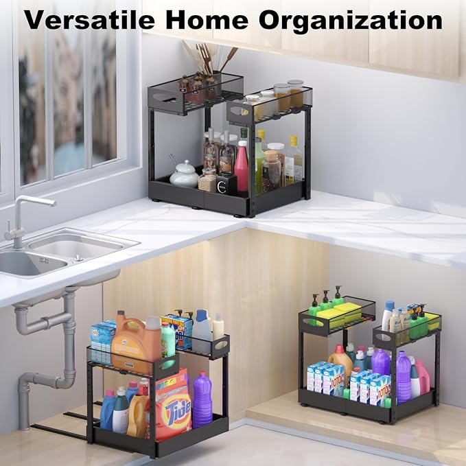 Housolution Under Sink Organizer, 14"-21" Width Expandable, 13"-17" Height Adjustable, 2 Tier Metal Pull Out Under Sink Storage Rack with 3 Sliding Rails for Kitchen Bathroom Cabinet, Double Side