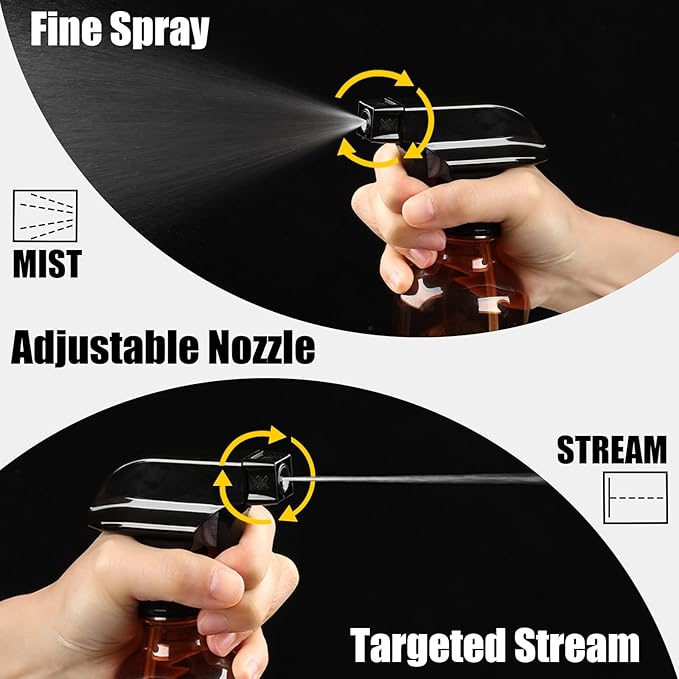 Plastic Small Spray Bottle, Mister Squirt Bottle 2 Pack, 10.1 oz Amber Refillable Empty Water Spray Bottles with Adjustable Mist/Stream for Hair, Plant, Pet, Cleaning, Cooking
