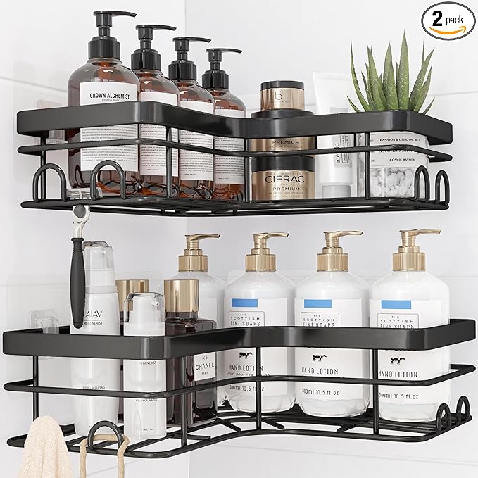 Corner Shower Caddy - 2 Pack, Adhesive Shower Organizers, Rustproof Stainless Steel Shower Shelves with 8 Hooks, No Drilling Bathroom Organizers and Storage Racks, Space-Saving, Black, X-Large