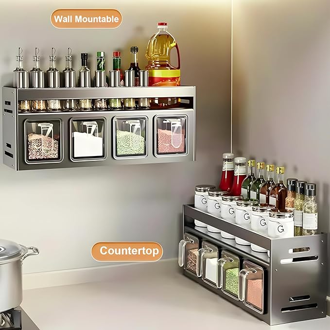 Kitchen Spice Rack, Kitchen Organizer and Storage Rack with 4 Spoons, Spice Organization for Cabinets Punch-free Wall/Countertop Home Decor Multifunctional Double Layer 4 Grid Condiment Rack, Gray