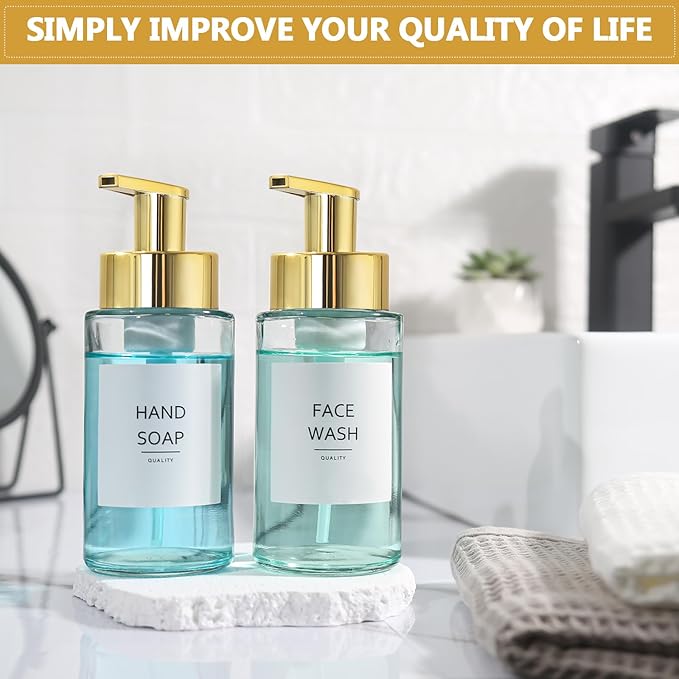 Foaming Soap Dispenser, 10 oz/300ml Gold Soap Dispenser, 2 Pack Glass Foaming Hand Dispenser for Bathroom & Kitchen, Clear Refillable Foam Bottle with Waterproof Labels