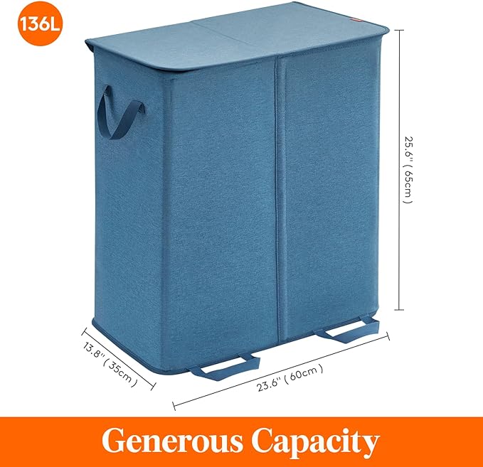 Lifewit Double Laundry Hamper with Lid and Removable Laundry Bags, Large Collapsible 2 Dividers Dirty Clothes Basket with Handles for Bedroom Laundry Room Closet Bathroom College, 136L Blue