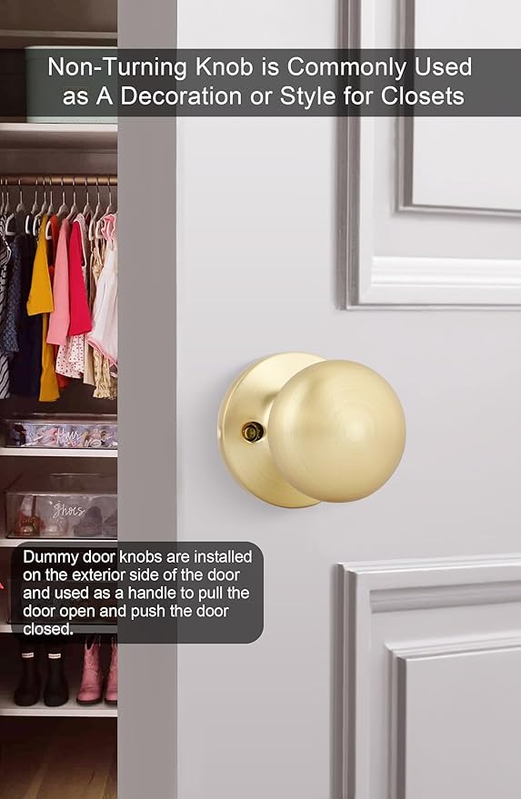 Goldenwarm Gold Closet Door Knobs, Handle Function Non-Locking Dummy Door Knob, Brushed Gold Individual Dummy Door Knob Single Side for Closets, French Double Doors, and Pantry(2 Pieces)