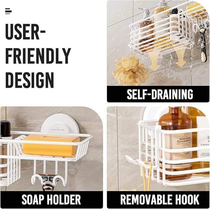LEVERLOC Shower Caddy Suction Cup, Heavy Duty Bathroom Organizer for Inside Shower with Hooks & Soap Holder， NO-Drilling Bathroom Shower Holder-White