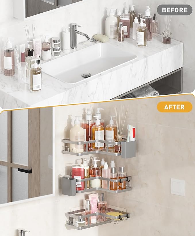 3 Pack Corner Shower Caddy Organizer, Rustproof Corner Shower Shelves, No Drilling Bathroom Corner Shelf with Hooks and Toothpaste Holder