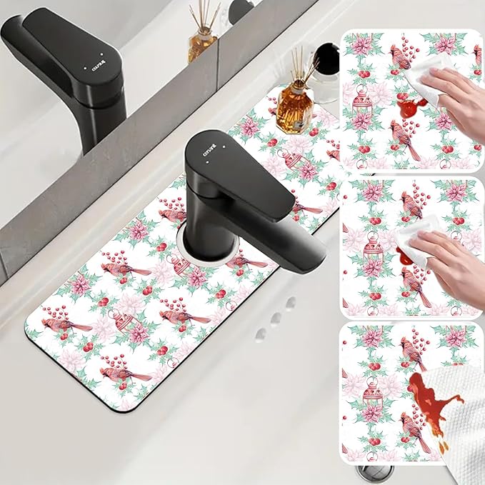 Chrismas Sink Splash Guard Faucet Mat Cute Christmas Absorbent Fast Drying Mat Sink Gadgets Splash Guard Behind Faucet Drip Catcher for Kitchen Bathroom 15.5"X5.5"