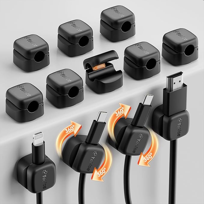 12Pack Rotatable Cord Organizer,Spring Cable Clips Desk Cable Management Cord Holder Adhesive Phone Charger Cord Clips for Home Office Car Wall Nightstand Accessories, Black