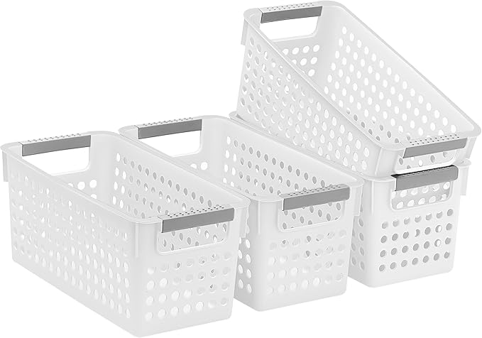 Soddeph 4 Pack Slim Plastic Storage Basket with Handles, Rectangular Storage Bins for Shelves,Narrow Organizer box for Organizing, Kitchen,Home,Office (White, Small)