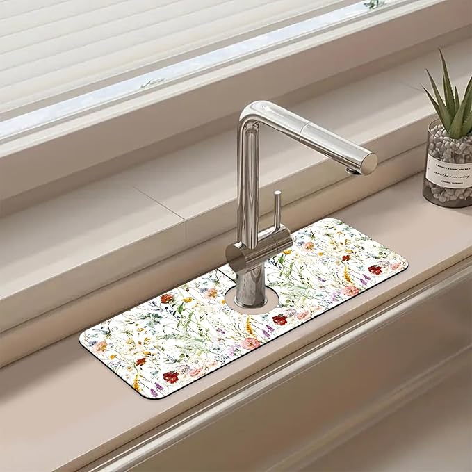 Sink Faucet Absorbing Mat Wildflower Sink Splash Guard Drying Mat for Kitchen Bathroom Faucet Sinkmat 15.5"X5.5"