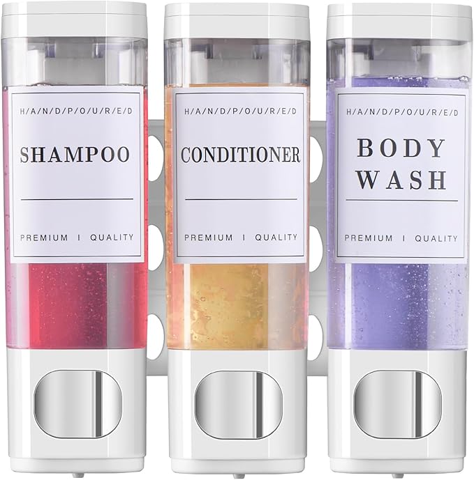 Shower Soap Dispenser Wall Mounted No Drill Shampoo Dispenser for Shower Wall Shampoo and Conditioner Dispenser Bathroom Hote 3 * 300ml White with 3 Labels