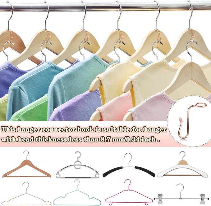 Rose Gold 50-Piece Metal Hanger Connector Hooks, 8.7 mm/0.34 Inch Hole Diameter, Space-Saving, Durable, Gentle on Clothes & Skin