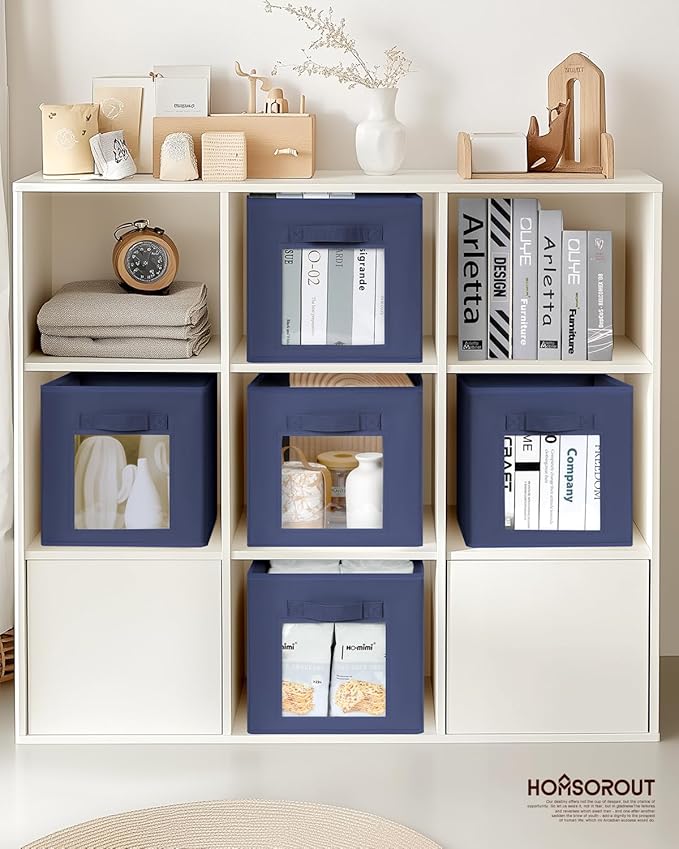 Storage Cube 11 Inch - Cube Storage Bins with Window, Closet Storage Baskets with Handle, Fabric Bins for Closet, Shelves, Toys, Clothes, Set of 10, Navy Blue