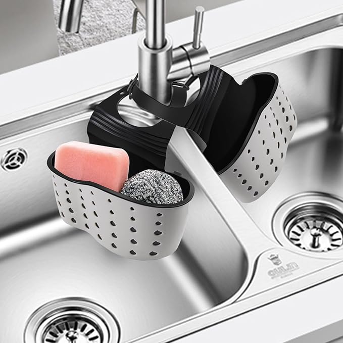 Kitchen Sink Caddy Sponge Holder for Kitchen Sink Accessories Organizer Dish Sponge Holder Ajustable Strap Faucet with Drain Holes for Drying (2 pcs Beige)