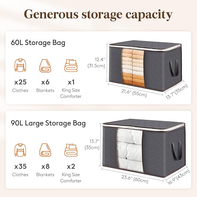 Lifewit Large Capacity Clothes Storage Bag Organizer with Reinforced Handle Thick Fabric for Comforters, Blankets, Bedding, Foldable with Sturdy Zipper, Clear Window, 21 Pack, 90L, Grey