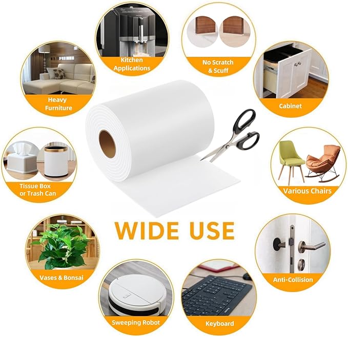Furnigear Felt Furniture Pads - Heavy Duty Cuttable Strips with Adhesive Backing, Self-Adhesive Felt Strips, Pad, Tape Roll for Chair Legs, Hard Floor and Wall Protection (White, 80 x 5 x 0.14 Inch)