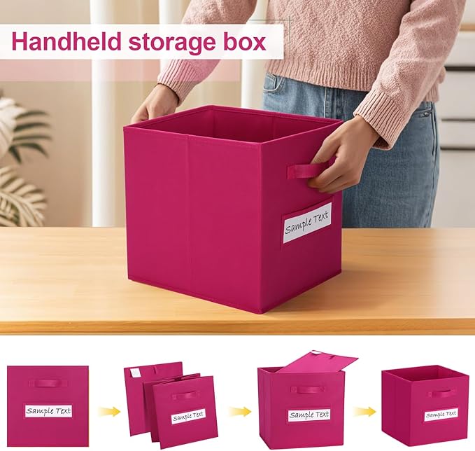 artsdi 11x11 storage cube bins (Set of 10) Foldable Fabric storage cubes with 10 Labels Window Cards & a Pen,11 inch cube storage bin,Closet Organizers for Shelves,Cubby Organizer Boxes,Dark pink