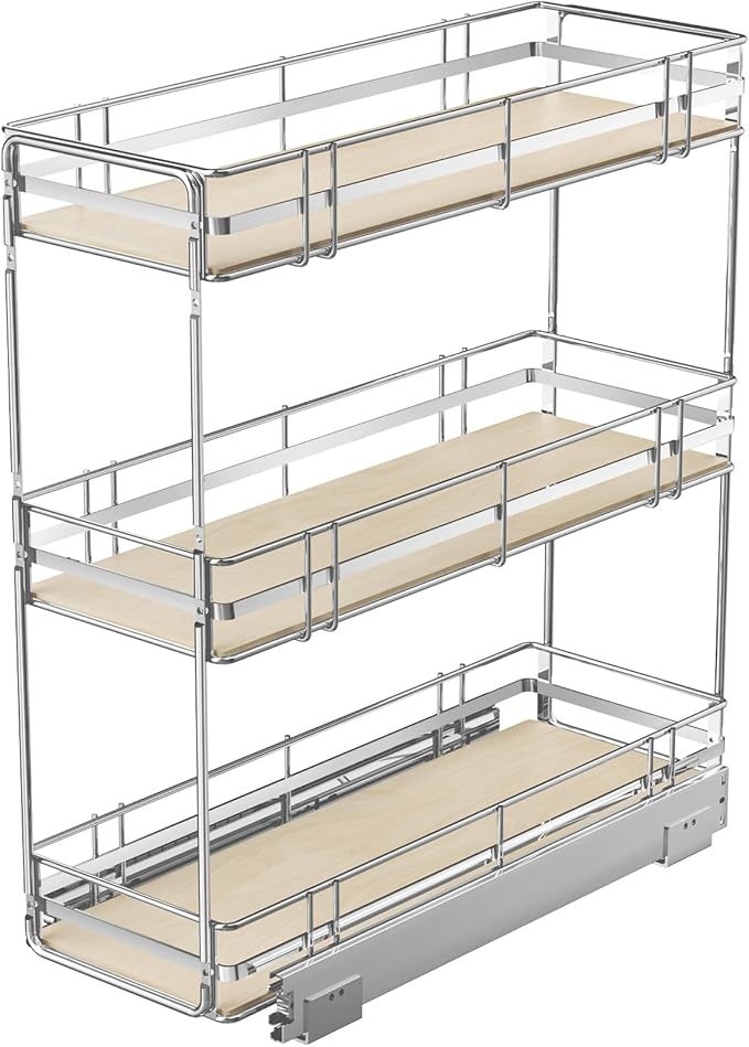 Pull Out Spice Rack Cabinet Organizer 8" W x 20½" D, 3 Tier Heavy Duty Slide Out Wood Shelf for Narrow Cabinet, Pull Out Storage for Kitchen