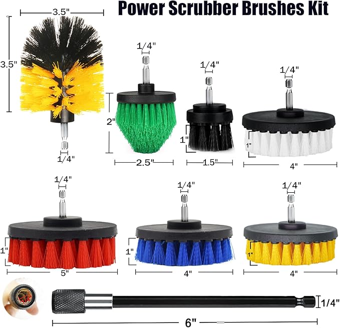 8Pcs Drill Brush Attachment Set, 7Pcs 1/4in Power Scrubber + Extend Long Attachment, Power Cleaning Scrub Brush for Bathroom, Tub, Tile, Corner