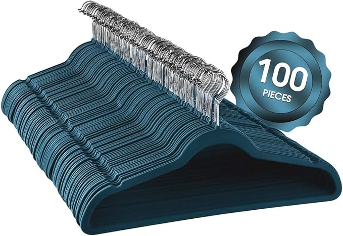 Elama 100 Piece Set of Velvet Slim Profile Heavy Duty Felt Hangers with Stainless Steel Swivel Hooks in Blue