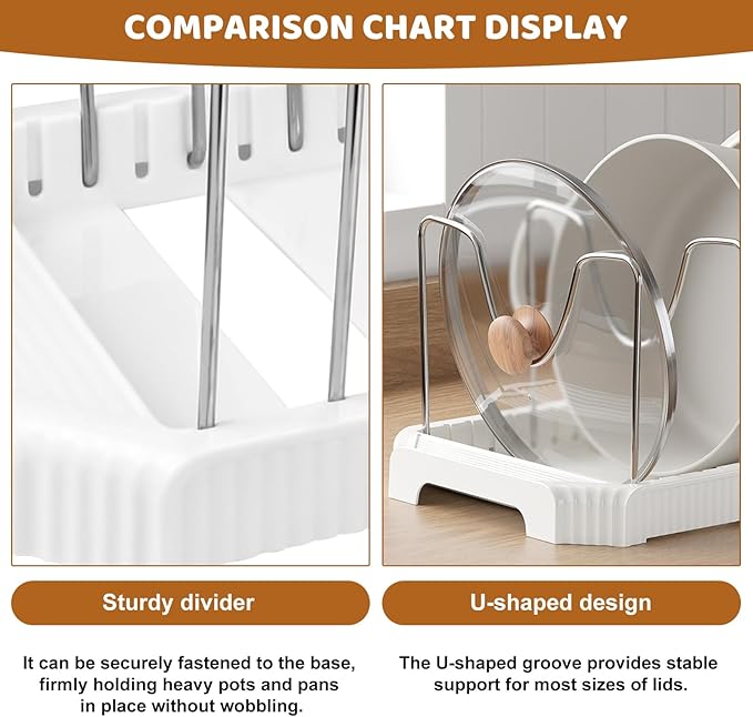 Expandable Pot Rack Organizer, 12 Adjustable Compartments, Pot and Pan Organizer Rack for Cabinet with Cup Brush Dividers, 13 -22" Wide Adjustable Pan Organizer - Pantry Countertop Storage (White)