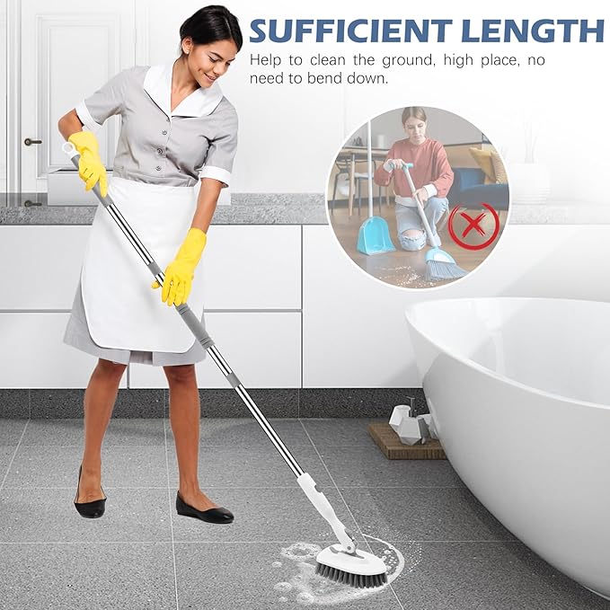 SetSail Floor Scrub Brush, 3-in-1 Tile Tub Floor Scrubber with 52-inch Adjustable Long Handle Shower Cleaner Brush and 3 Detachable Replacement Brush Heads for Cleaning Bathroom Tub Tile, White