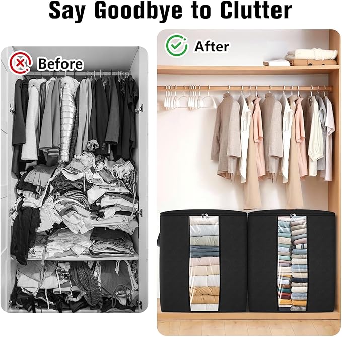 Clothes Storage Bags, 6-Pack Comforter Blanket Organizers, 80L Large Capacity Containers with Visual Window for Clothing, Quilt, Sheet, Pillow, Closet Organization for Bedding (Black)