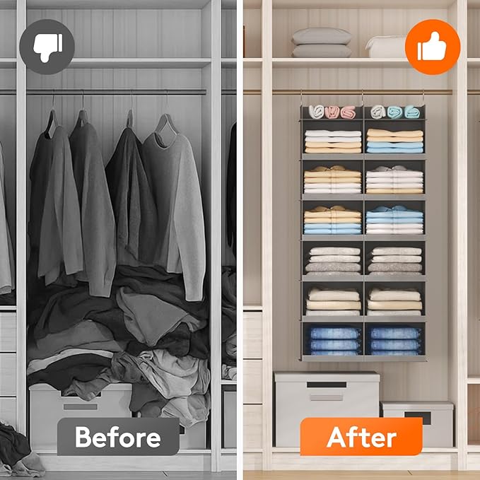 Lifewit Dual-Row Shelf Hanging Closet Organizer and Storage, Clothes Shelves with 3 Sturdy Hooks for Clothing Organization, Foldable Container Hold Up to 30 Sweaters, 5 Tier 10 Sections, Gray