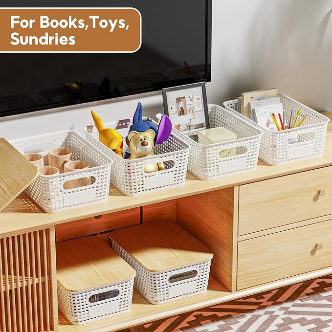 8 Pack Plastic Storage Bins with Bamboo Lids - Stackable Storage Baskets with Lids for Pantry Organizer and Storage, Small Plastic Stackable Storage Bins for Shelves, Office, Cabinet &Pantry,Nursery