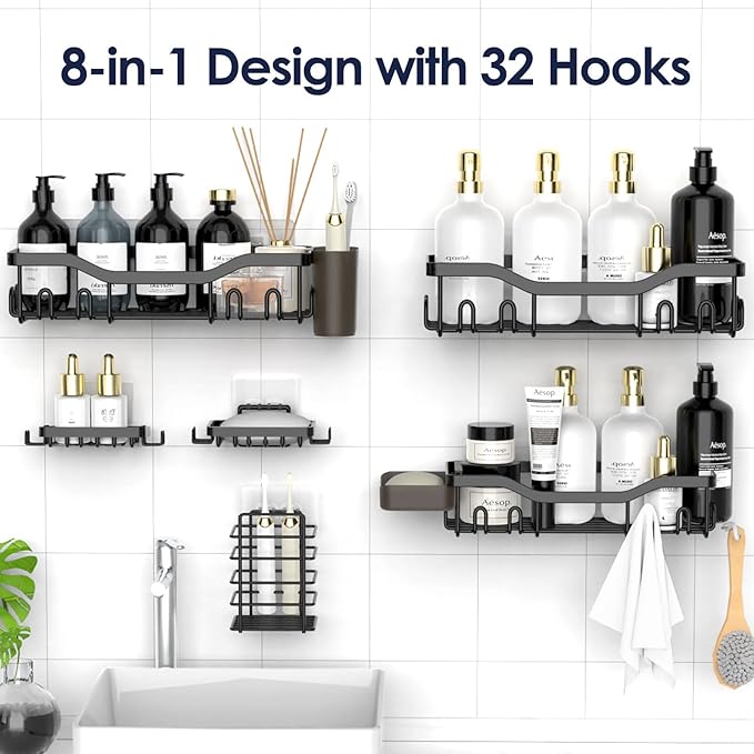 Shower Caddy Adhesive Shower Organizer 8-Pack, Rustproof Stainless Steel Bathroom Shelves, Large Capacity No-Drill Rack Storage Accessories with Soap Dish Toothbrush Holder Hooks