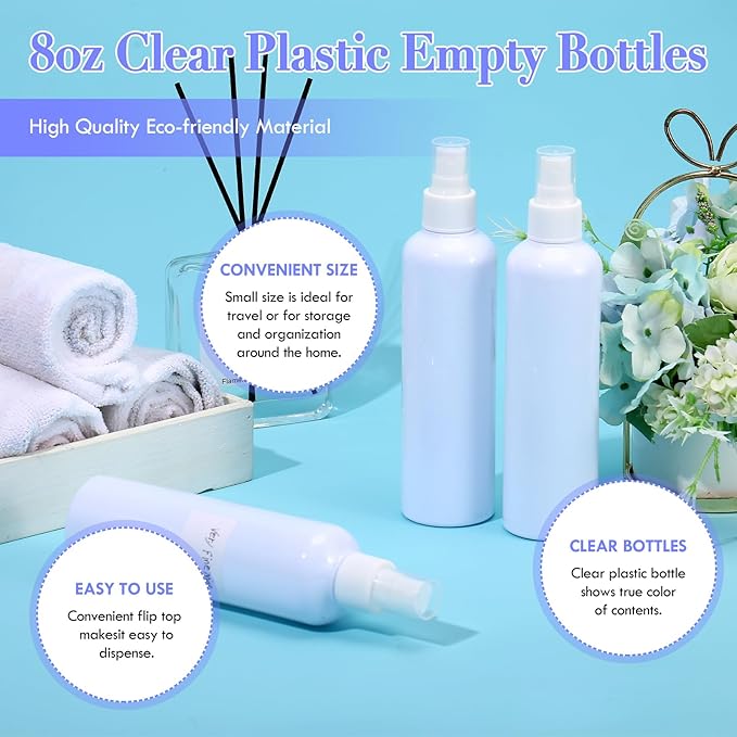 Eccliy 32 Pcs 8 oz Spray Bottles Fine Mist Plastic Spray Bottles Clear Empty Sprayer Hairs Refillable Travel Sprayer with Pump Cap for Cleaning Oils Travel Perfumes(White,Colored)