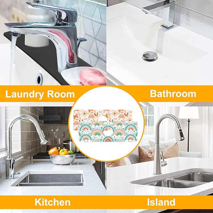 2 Pack Cute Rainbow Sink Splash Guard Faucet Mat Boho Rainbow Butterfly Super Absorbent Fast Drying Mat Sink Gadgets-Splash Guard Behind Faucet Drip Catcher for Kitchen Bathroom, 15.5"x5.5"