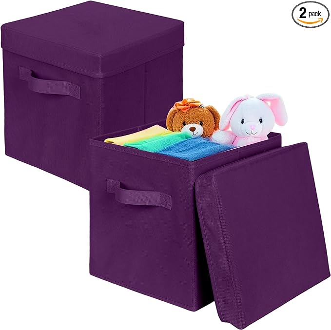 ShellKingdom Storage Bins, Foldable Fabric Storage Cubes with Lid, Clothes Storage Organizer Drawer For Closet Toys Storage, 10.5 X 10.5 X 11 INCH, 2 Pack (Purple)