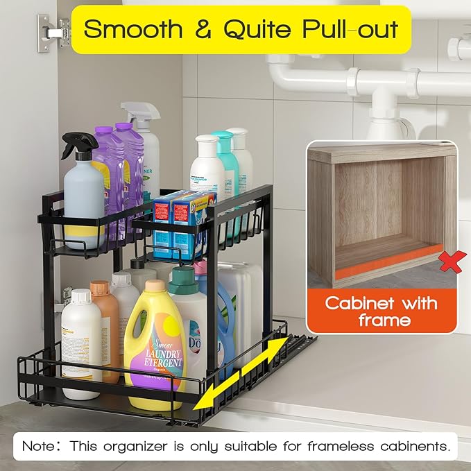 NADAMOO Expandable Under Sink Organizer 2-Tier Black Metal Storage Shelf, Adjustable Under Cabinet Organizer for Kitchen & Bathroom, Space-Saving Rack for Cleaning Supplies & Laundry Essentials