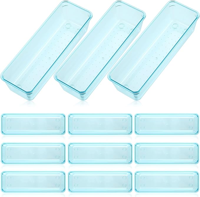 Maitys 12 Pcs Clear Drawer Organizer 9 x 3 x 2 Inches Plastic Rectangle Trays Makeup Vanity Storage Bins and Kitchen Drawers Dividers for Office Desk Silverware Kitchen Utensils(Blue)