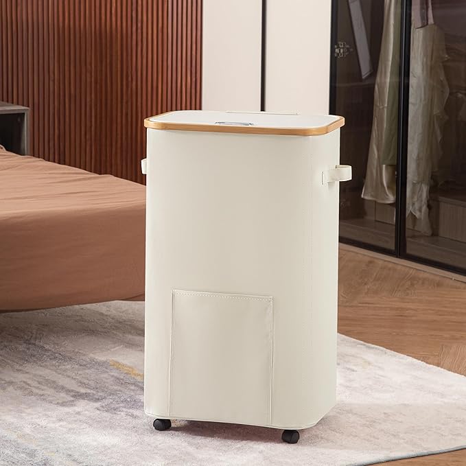 Laundry Basket with Wheels, Tall Dirty Clothes Hamper on Wheels, Rolling Laundry Hamper with lid for Dorm, Bedroom and Bathroom (Beige, 100L)