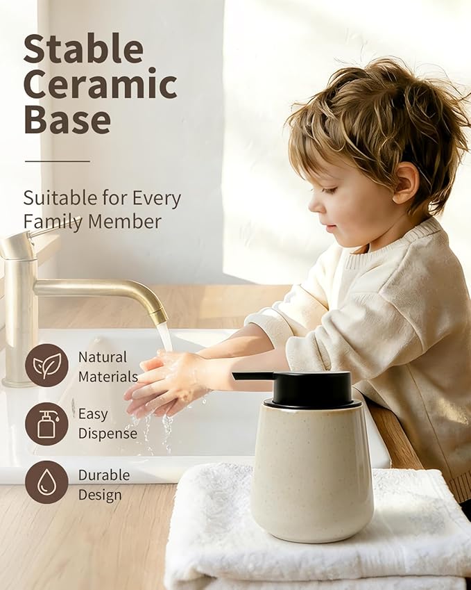 BosilunLife Foam Hand Soap Dispenser - 12 oz Bathroom Hand Pump Dispenser Foaming Soap Dispenser Ceramic Dish Liquid Dispenser for Kitchen, Greige with Speckle