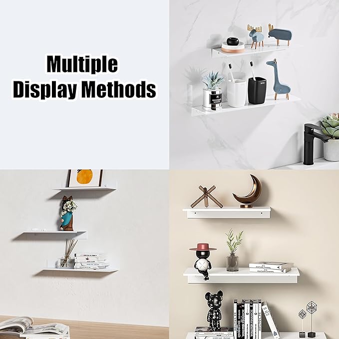 HNVNER White Adhesive Shower Caddy 30cm, Floating Bathroom Shelves for Wall 2 Pack, Metal Bathroom Wall Shower Shelves Storage Organizer for Kitchen Home