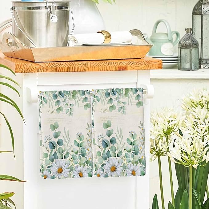 Kitchen Towels Set of 4, Green Eucalyptus Leaves Soft Microfiber Dish Towels, Daisy Summer Botanical Farmhouse Absorbent Quick-Dry Washable Dishcloths for Kitchen Cleaning, Drying Dishes, 18x28 Inches