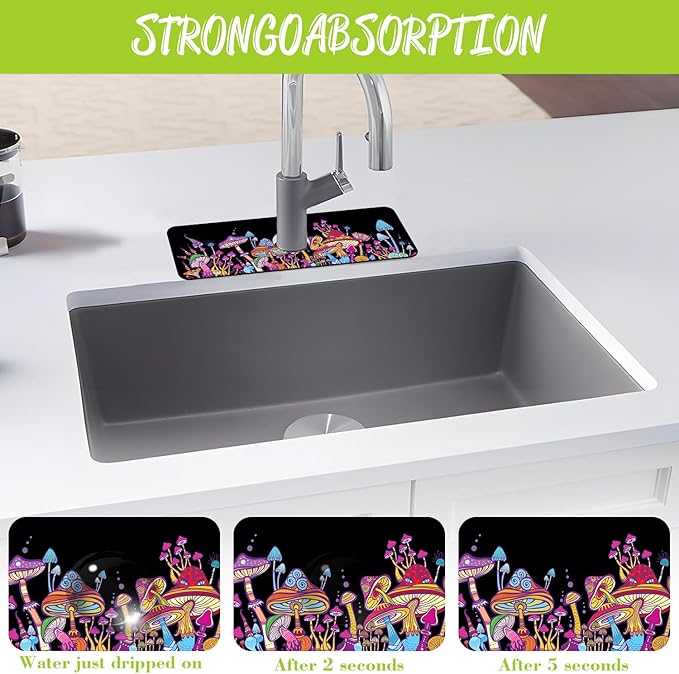 Sink Faucet Absorbing Mat Magic Mushrooms Sink Splash Guard Drying Mat for Kitchen Bathroom Faucet Sinkmat 15.5"X5.5"