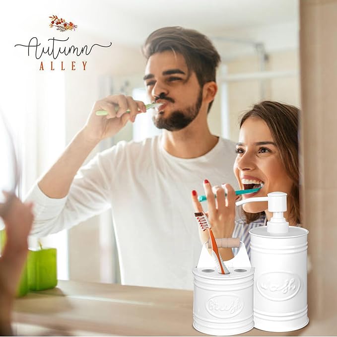 Autumn Alley Kids Bathroom Accessories Set – 2-Piece White Soap Dispenser & Toothbrush Holder, Farmhouse Bathroom Countertop Organizer for Kids, Durable Metal Bathroom Set with Wood Handle