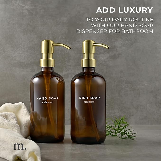 MaisoNovo Soap Dispenser 2-Piece Set | 16.9oz Amber Bottles with Gold Stainless Steel Pump Core