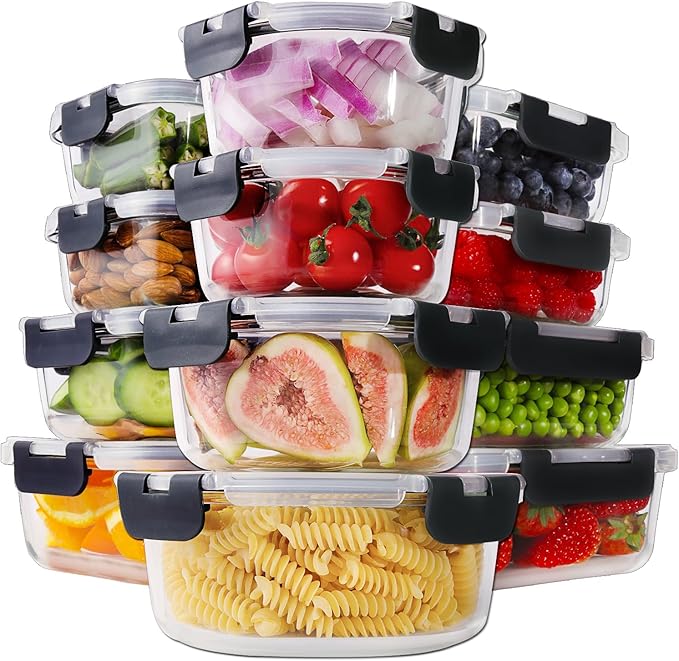HOMBERKING 24pc Borosilicate Glass Food Storage Containers with Lids, Glass Meal Prep Containers with Leak Proof Snap Lock, Airtight Bento Lunch Boxes, Kitchen Storage (12 lids & 12 Containers)-Black