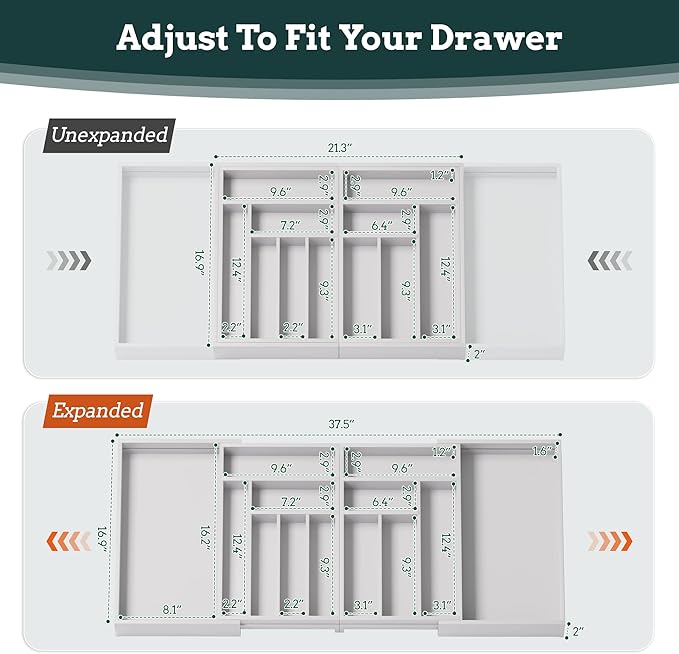 Silverware Organizer Large, Magnetic Connected Expandable 13 Slots Silverware Drawer Organizer from 21 to 37.4 Inches, Adjustable Flatware and Cutlery Holder, Bamboo Utensil Tray for Kitchen White