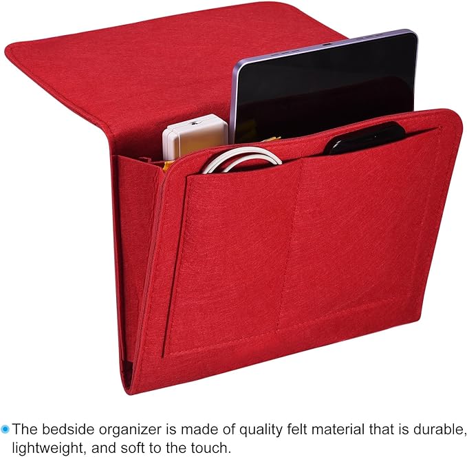 PATIKIL 11in Bedside Caddy, Bed Caddy Bedside Organizer Hanging 5 Pocket Soft Felt Bed Pockets Bedside Storage Organizer Remote Control Holder for Bedroom Phones Glasses, Red