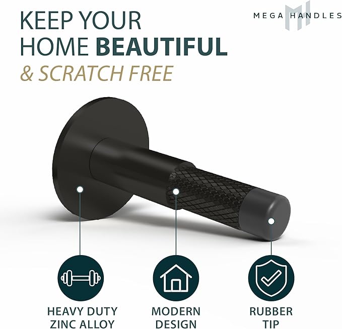 Mega Handles Knurled Baseboard Door Stopper - Heavy Duty Door Stoppers for Bottom of Door, Zinc Alloy Door Stops with Rubber Tip - Matte Black
