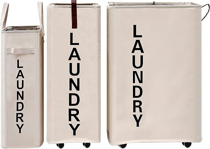 92L Large Laundry Hamper with Leather Handle,Standable Laundry Basket with Wheels ,Large Hamper,Rolling Laundry Basket White