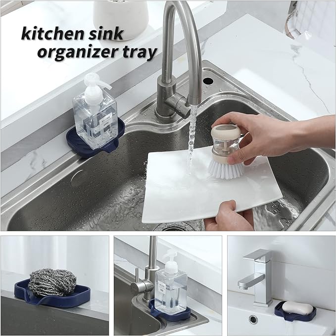 MicoYang Silicone Bathroom Soap Dishes with Drain Spout-Kitchen Sink Organizer,Sponge Holder,Dish Soap Tray,Perfect for Dispenser,Scrubber,Bottle,Cup on Sink or Counter-Navy Blue 4.9"×3.2"