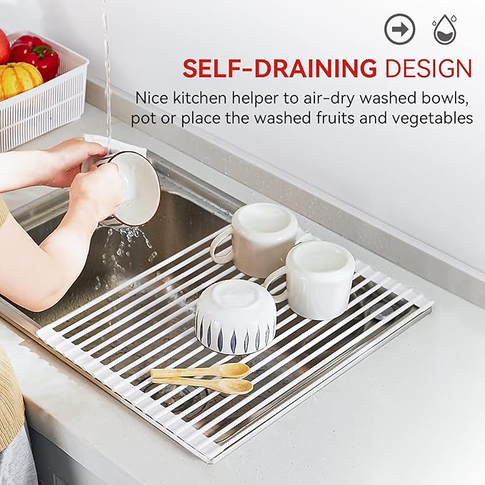 MERRYBOX Roll Up Dish Drying Rack, Silicone Wrapped Over The Sink Dish Rack Foldable Dish Drainer Anti-Slip Dish Racks for Kitchen Counter, Multipurpose Kitchen Sink Drying Rack, 18" x 13", White