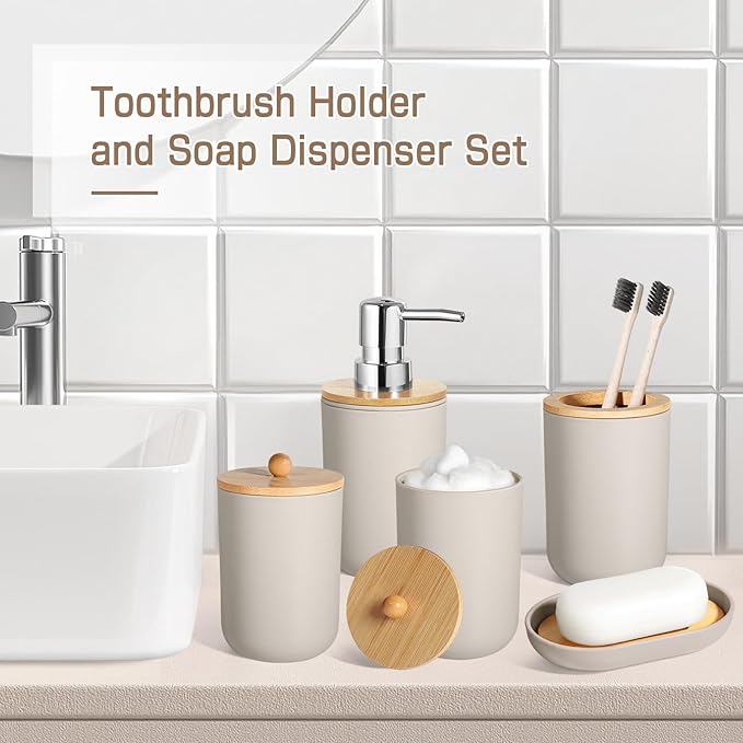 Bathroom Accessories Set 5 Pcs, Plastic Beige Bathroom Decor, Soap Dispenser and Toothbrush Holder Set, Soap Dish, Cotton Swab Jar, Bathroom Set, Boho Bathroom Organizer Accessory