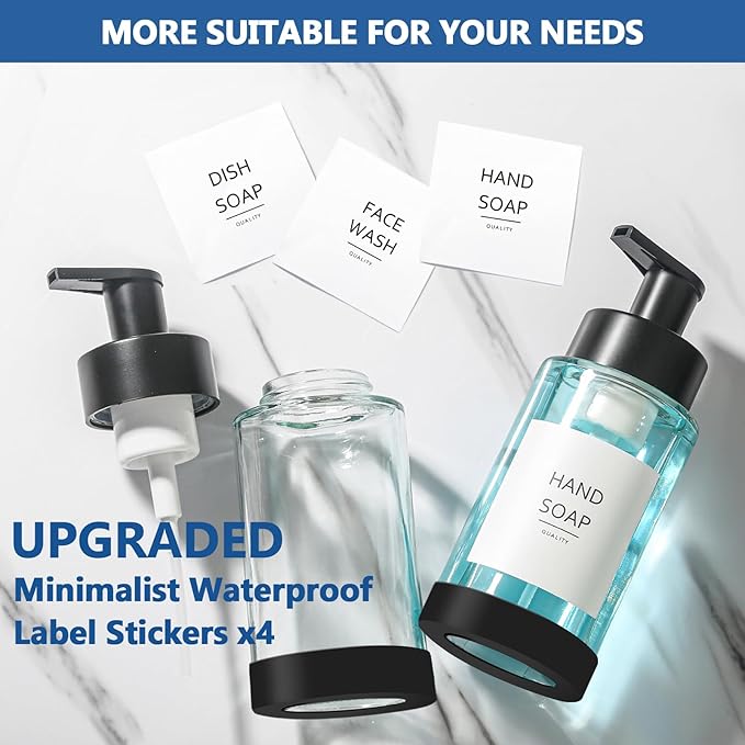 Foaming Soap Dispenser, 10 oz/300ml Foaming Hand Soap Dispenser, 2 Pack Glass Dispenser with 2 Non-Slip Silicone Bottom Sleeve, Refillable Foam Dispenser for Bathroom & Kitchen